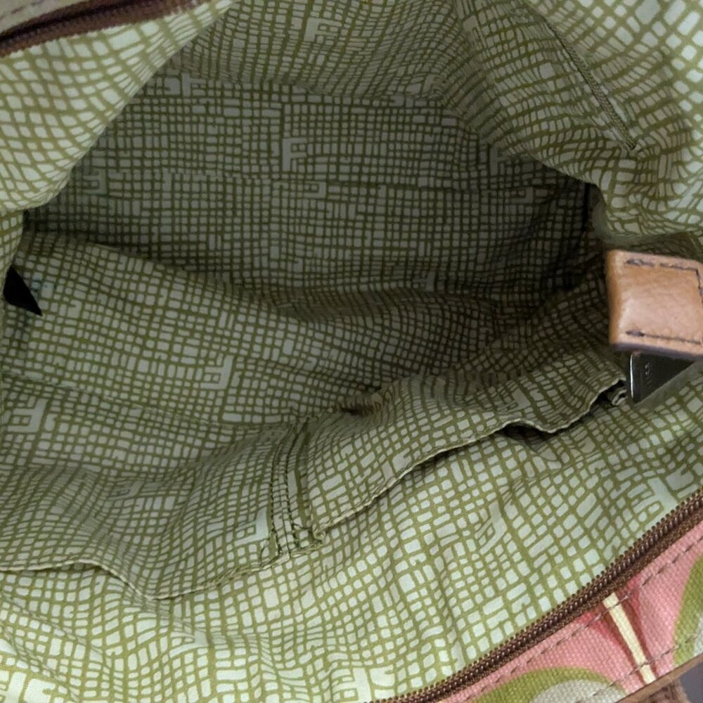 Vintage Fossil KeyPer Vibrant Floral Coated Canvas and Brown Leather Tote Should - Picture 14 of 16